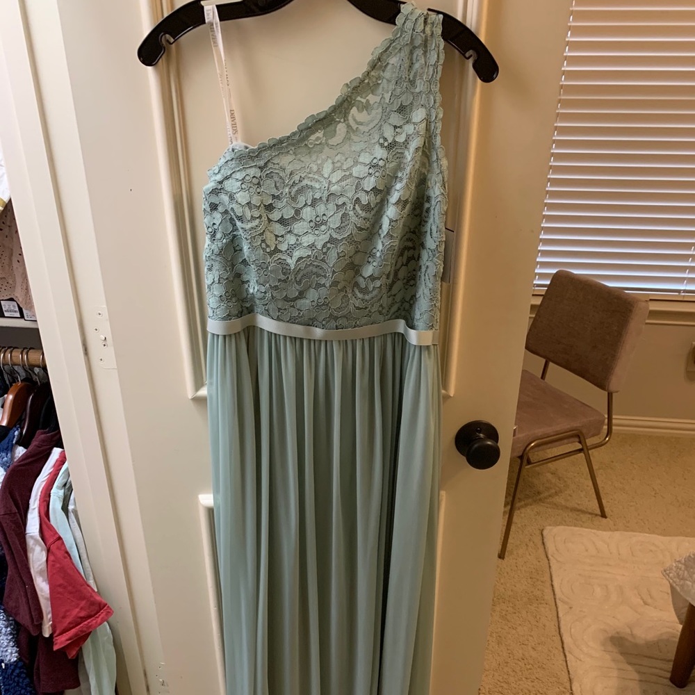 David’s Bridal Long One Shoulder Lace Dusty Sage Bridesmaids Dress